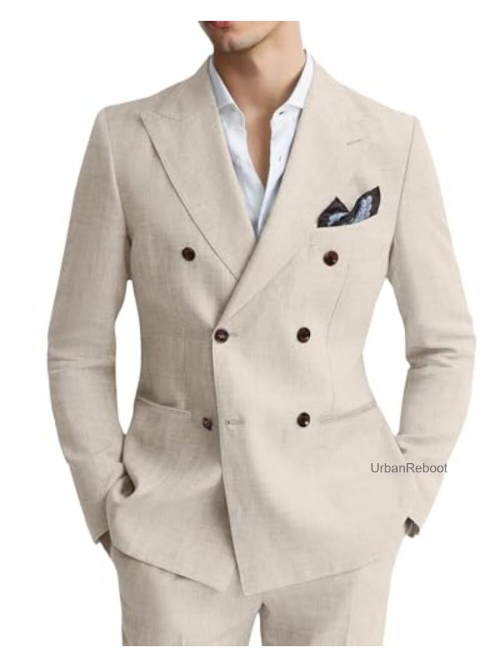 Mens Linen Suit 2 Piece Double Breasted Tuxedo Beach Wedding